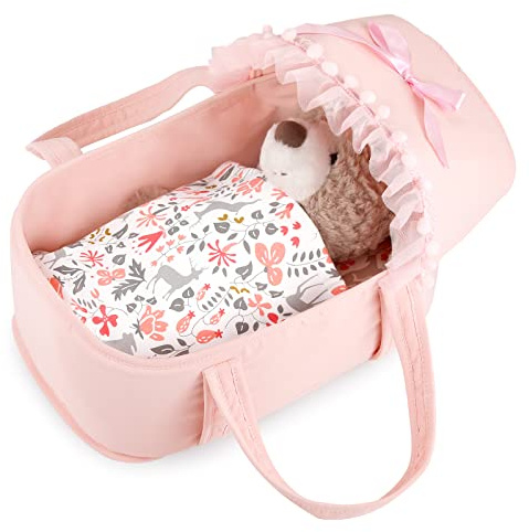 GAGAKU Baby Doll Bassinet, Doll Carrier Doll Carry Cot Set with Canopy and Pillow Blanket for 9 10 11 12 Inch Dolls Stuffed Animals - Pink