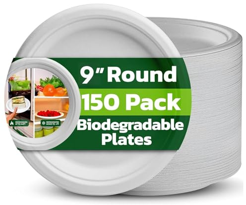 Strong Paper Plates 9 Inch 150 Pack, White Disposable Bagasse Plates | Microwave Safe, 100% Compostable, Heavy-Duty, Eco-Friendly, Biodegradable Plate, for Parties, Weddings, Picnics, Hot Food