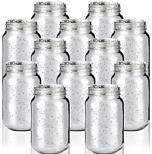 12 Pcs Decorative Mason Jars 16oz Painted Wide Mason Jars for Table Centerpiece DIY Home Decoration Birthday Housewarming Party Wedding Favor(Silver)