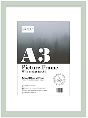 Almost Frameless A3 Mint Green Picture Frame With Mount for A4 (21 x 29.7cm -8.3 x 11.7in) Poster, Photo, Artwork, or Print. Thin Edge Slim Frame Portrait and Landscape Display with Wall Hooks