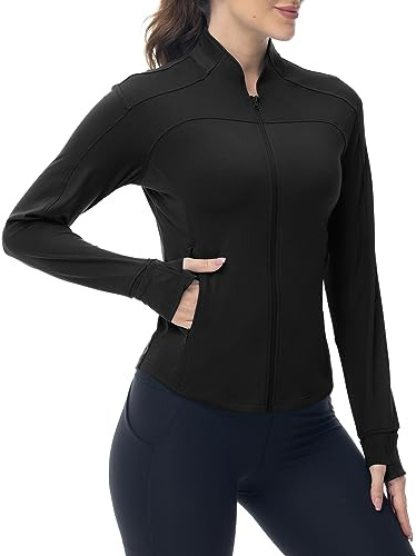 YSENTO Chaqueta deportiva para mujer, chaqueta funcional, chaqueta de senderismo, ligera, manga larga, yoga, gimnasio, deporte, parte superior, transpirable, con orificio para el pulgar, Negro , S