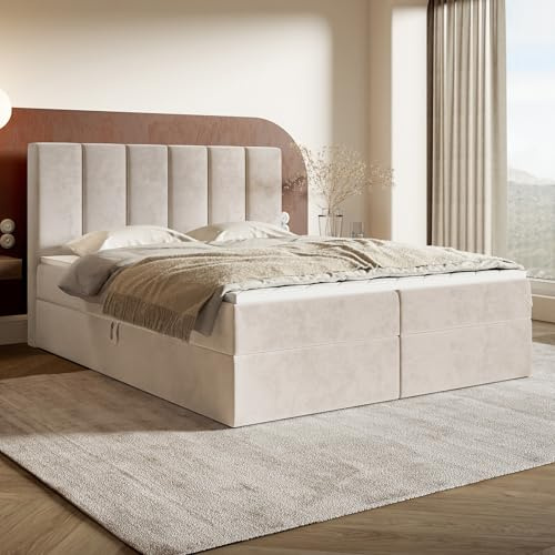 MOTIVENA Santiago Boxspringbett 180x200 Beige Samt, mit Bonellfederkern-Matratze (H4), mit Visco Memory-Foam Topper (H2), Boxspringbett 180x200 mit Bettkasten Beige (Creme)