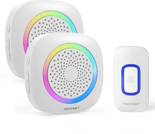 TECKNET Wireless Doorbell with 2 Portable Receiver, RGB Light Door Bell Battery Powered IP66 Waterproof Door Chime Kit, 1300ft Wireless Range, 60 Chimes & 5 Level Volume, Using Time up to 4.5 Years