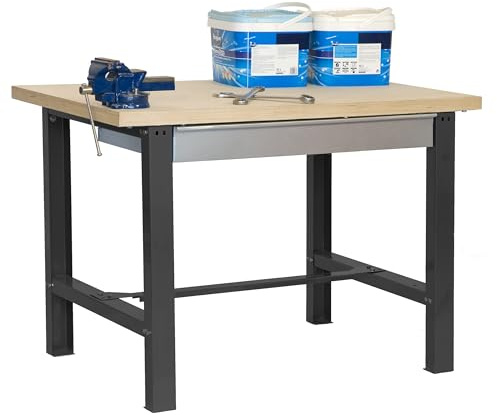 SimonRack Werkbank 600 kg Belastbarkeit, 86,5x150x75 cm, 1 Schublade, Große Arbeitsfläche Arbeitsfläche, Arbeitstisch, Holz-Arbeitsplatte, Anthrazit/Holz MDF - BT6