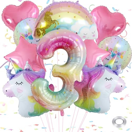 Einhorn Geburtstag Luftballons - 3 Stück, Mädchen Regenbogen Ballons mit Einhorn Motiven
