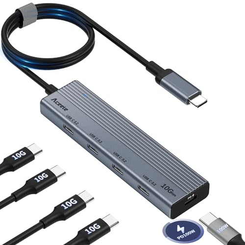 Aceele USB-C-Hub 10Gbit/s mit 4 Typ-C-Datenanschlüssen und 100W Stromversorgung, Powered USB 3.2 Gen 2-Splitter mit 60cm Langem Kabel für Laptops, MacBook Pro/Air, iPad Pro und mehr