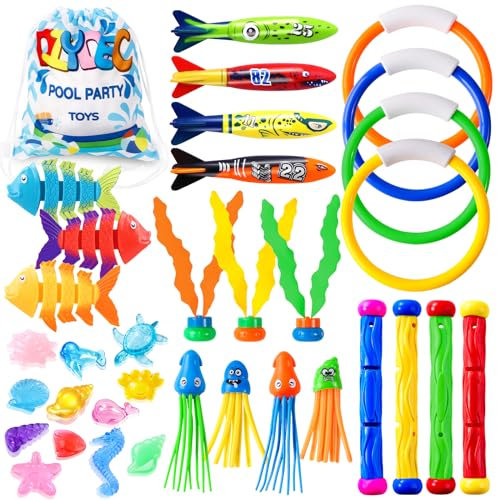 DTYDECLE 35pcs Diving Pool Toys, Fun Swimming Pool Toys Set with Diving Rings, Diving Torpedo, Diving Seagrass, Marine gem Underwater Training Diving Game Toys for Kids Summer Swimming Pool Party