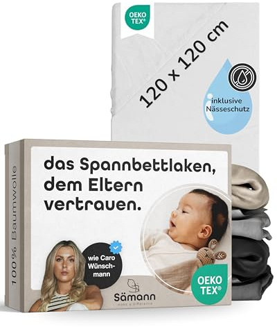 Sämann Spannbettlaken 120x120cm für Babys I Weiß I Ideal für Babybett & Beistellbett I Pflegeleichtes Bettlaken aus 100% Baumwolle mit Gummizug & Nässeschutz I Faltenfreier Sitz auf der Matratze