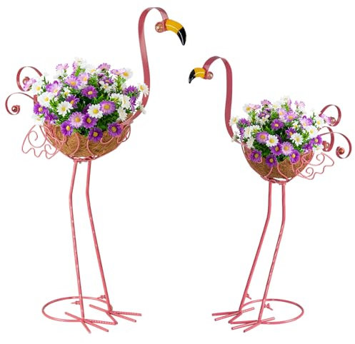 SIFOEL Fioriere in metallo fenicottero, set di 2 fiori rosa fenicottero piante vasi con cesto per interni esterni giardino cortile terrazza veranda decorazione