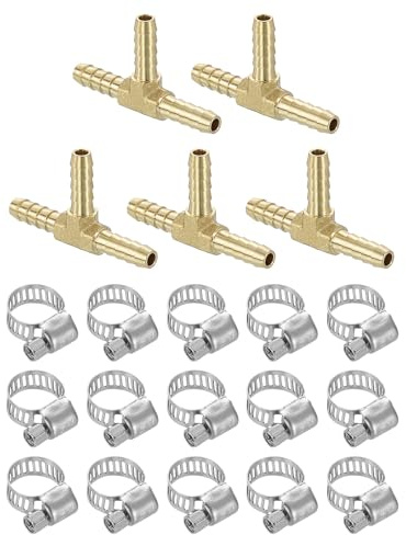 QUARKZMAN 5pz Raccordi Tubo in Ottone T 3/16x3/16x3/16con 15pz Morsetti | Riduttore Tubo Raccordo Ottone a T con 15pz Morsetti Tubi per Acqua Carburante Aria