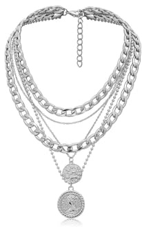 GAUEIOUR Punk Chunky Chain Necklace, Multi Layered Queen Engraved Coin Alloy Pendant, Round Hip Hop Necklace, Exaggerated Cuban Necklace, Thick Collar Jewelry For Women And Girls (Silvery)