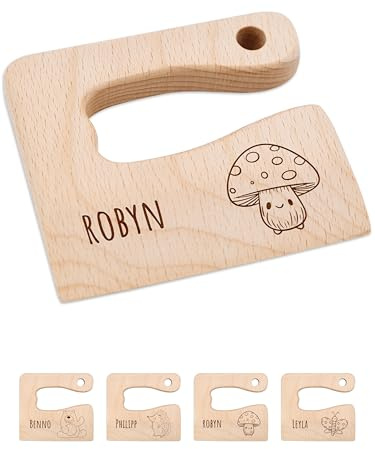 Bärenfreunde® - Personalisiertes Montessori Kinder Messer mit Gravur - Sicheres Holz Baby Besteck mit abgerundeten Kanten - Geburtstag Baby Geschenk (Pilz)