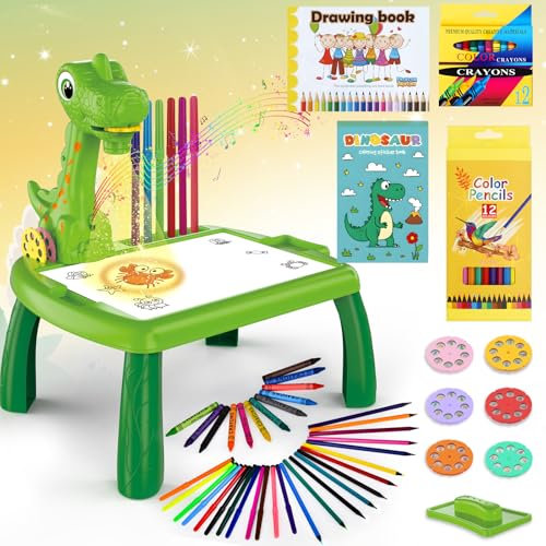 BuzzoXerex Projecteur Dessin Enfants, 48 Pièces Tableau Dessin Projection Set avec 48 Motifs, Carnet de Croquis, Carnet d'autocollants, Crayons de Couleur pour Enfants 3-10 Ans (Vert)
