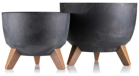 HowHomely 2 x mörk betongs-utseende blomkruka | dekorativ blomkruka med 3 ben | hållbar ytterkruka för vardagsrum eller trädgård | Uppsättning av 2 blomkrukor (18 x 29 cm och 15 x 24 cm)