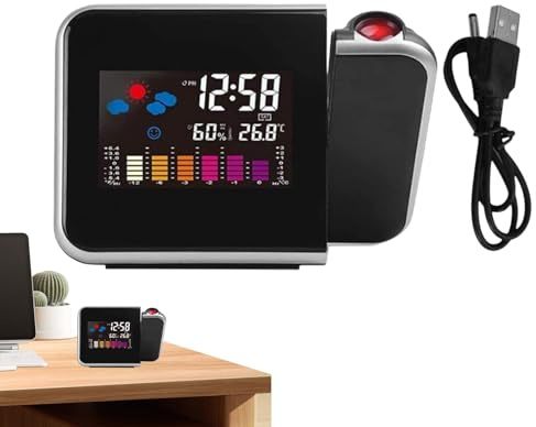 Wecker mit Projektor, Projektionswecker – Digitaluhr mit 180° drehbarem Projektor, Temperaturzähler für Innen- und Außenbereich, kabellos, LED-Anzeige, Projektionswecker für