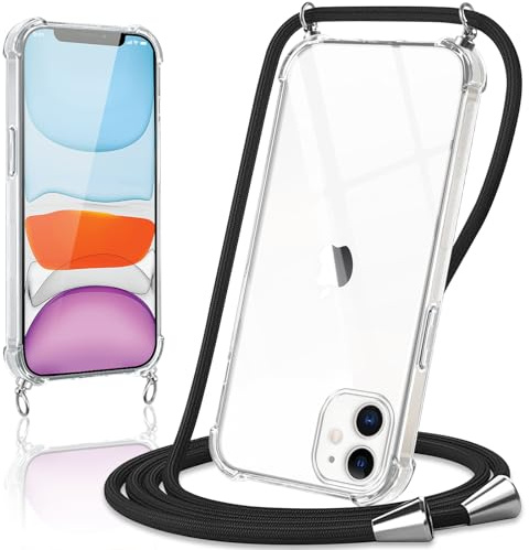 Coiwxmoi Coque avec Cordon pour iPhone 11 6,1, Collier Réglable Téléphone Étui Portable Lanyard Case Transparent Ultra Souple Silicone TPU Housse Antichoc Protection Cover pour iPhone 11, Noir