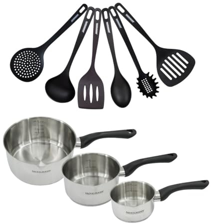 Fackelmann Batterie 3 casseroles inox et 6 ustensiles | Cuisine complète, 3 casseroles inox, 12 16 20 cm, Tous feux induction, 6 ustensiles compris, Sans PFAS