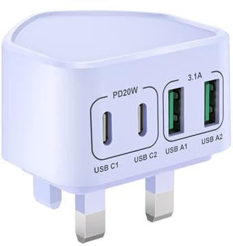 USB C Plug Fast Charge, 40W 4-Port USB Plug UK Dual Port USB C Power Adapter+ QC Wall Charger Head, Type C Charging Plug for iPhone 17 16 15 14 13 12 11 Pro Max Plus XS, Samsung Galaxy, iPad