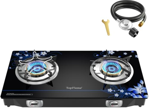 TopFleme 2 Burner Propane Stove 27,200 BTU High-Efficiency Tempered Glass Auto-Ignition Gas Burner Stove Top with CSA Hose for Outdoor RV Camping Emergency Cooking