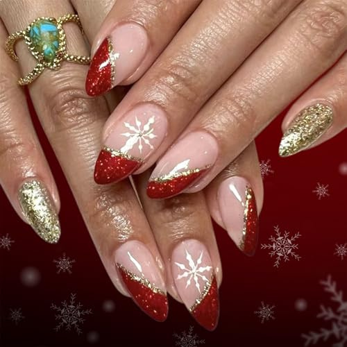 Nymora 24 Ongles Autocollants Courts Brillant de Noël - Ongles à Rayures de Flocons de Neige Blanches à Coller - Ongles Faux Rouges avec Paillettes Blanches