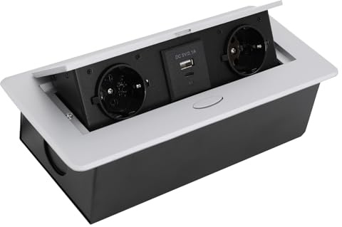 Sänkbart uttag inbyggt uttag 2 500 W bordsskiva grenuttag med 5 V 2,1 A USB C USB A, 2 x 16 A 250 V, multifunktionellt pop-up golvuttag med 1,8 m kabel (silver)