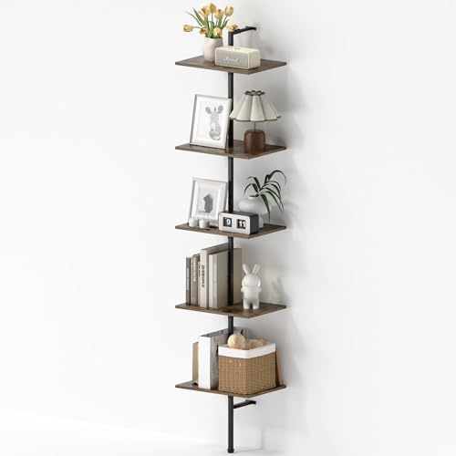 Alytree Ladder Shelf, 5-Tier Wooden Wall-Mounted Bookshelf with Metal Frame, Vintage Open Display Organizer Rack, Ladder Shelving Unit for Living Room, Bedroom, Home Office, Rustic Brown and Black