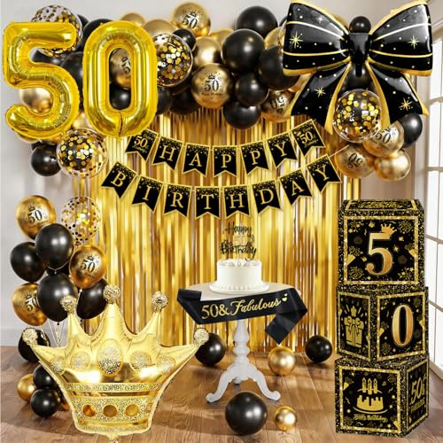 Decoracion 50 Cumpleaños Hombre y Mujer, Juego de Decoración de Cumpleaños 50 Años en Negro y Dorado con Banderín, Globo Corona / Banda, Cortinas de Flecos Aluminio, Accesorios Para Fiesta de 50años