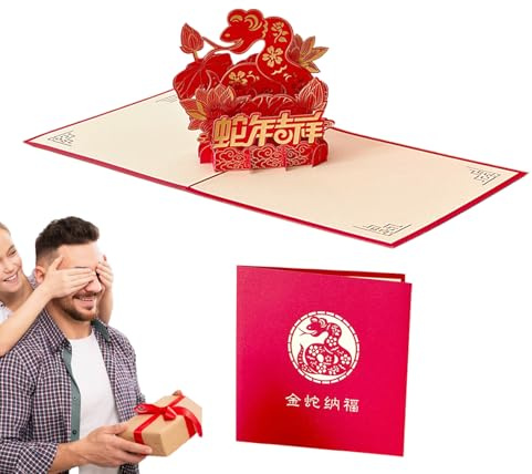 Biglietti di auguri pop-up 3D per il capodanno cinese 2025, per feste di primavera, anno del serpente, include busta per bambini, famiglia, amici, celebrazioni festive,