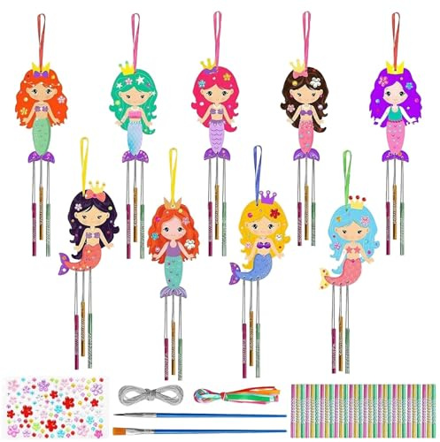 9 Stück Meerjungfrau Windspiel Bastelset Windspiel Holz Basteln | Kindergeburtstag Basteln & DIY für Mädchen Jungen Bastelset Kindergeburtstag Gartendekoration