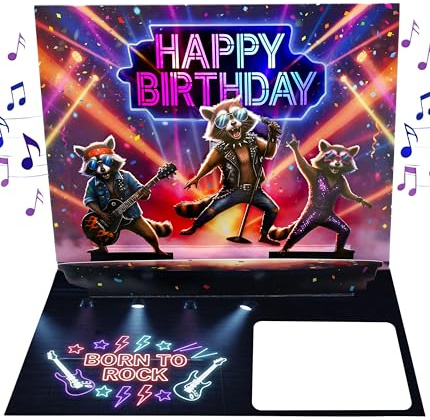 Joli Coon Geburtstagskarte mit Musik und Licht - 3D Pop up Geburtstagskarte born to rock - Pop up Karte Happy Birthday Geburtstag mit Leuchteffekt, Kuvert und Siegelsticker - 20 x 15 cm