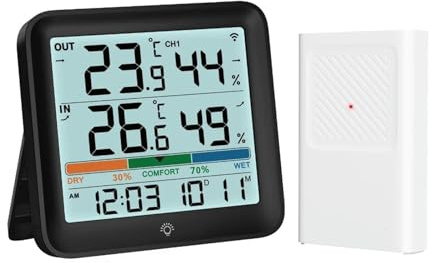 Digital Thermometer Hygrometer Indoor Outdoor, LCD Wireless Smart Humidity Meter Room Temperature Monitor for Home/Baby(Black)