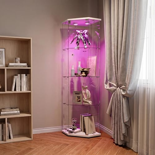Vitrina de esquina de cristal con iluminación LED, vitrina de cristal de pie, armario de cristal de 1 puertas, 4 pisos, vitrina de coleccionista, vitrina de cristal pentagonal para libros, oficina
