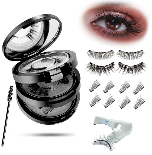 Magnetische Wimpern Set – 4 Paare Magnet Wimpern Natürlich Look mit Applikator, Halb- & Vollwimpern Styles, Wiederverwendbare Magnetwimpern ohne Kleber & Eyeliner, Upgrade mit 4 Magneten