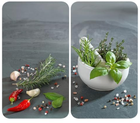 Herdabdeckplatte Universal Mod. Kräuterküche, höhenverstellbar für alle Herdarten, Schneidebrett und Spritzschutz, Glas, 30 x 52 cm, 2-teilig