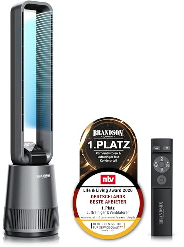 Brandson - Standventilator DC ECO Line - Blattlos rotorlos – Turmventilator DC Motor sehr leise - Sieger Ventilatoren und Luftkühler 2026 - Sleep-Modus – Fernbedienung – energieeffizient
