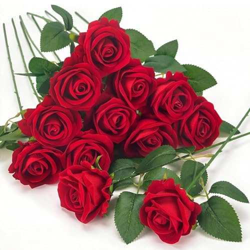 poraceous 12 Stück Künstliche Rosen, Lebensecht Künstliche Blumen (Rot) | Rosen Künstlich mit Grüne Blätter Fake Wie Echt Blumenstrauß, für Valentinstag Geburtstag Party DIY Hochzeit Dekoration