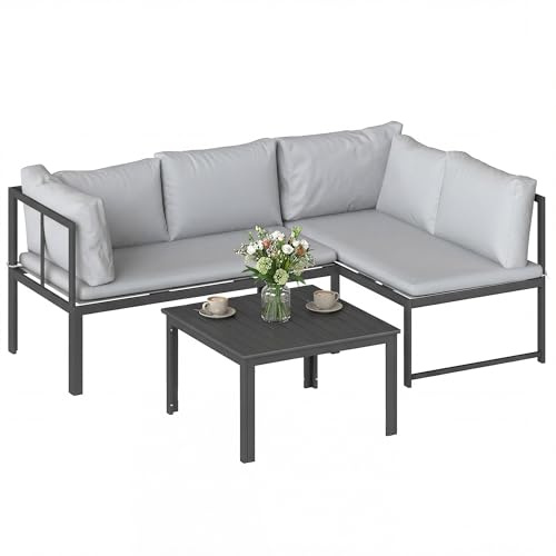 Outsunny Gartenmöbel, 3-teilig, Ecksofa, für den Außenbereich, anpassbar, Grau