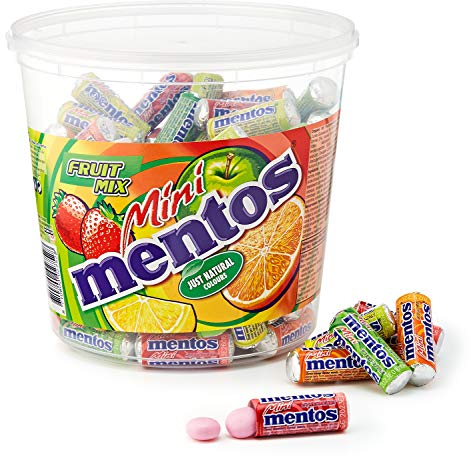 Mentos Mini Fruit Mix Bucket, Eimer mit 120 mini Rollen à 5 Frucht-Dragees, Kaubonbons in den Sorten Orange, Erdbeere, Apfel & Zitrone (120 mini Rollen), vegan
