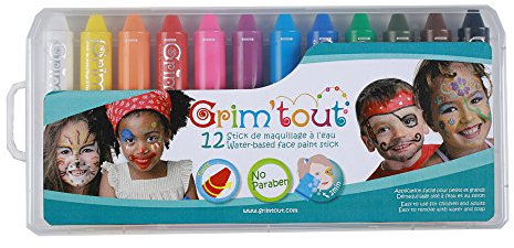 GRIM'TOUT - Maquillage a l'Eau Enfant - 12 Sticks - Fêtes, Anniversaire, Carnaval - Facile à Appliquer et Nettoyer - Sans Parabène, Doux pour la Peau - Qualité Cosmétiques CE - Fabrication Européenne