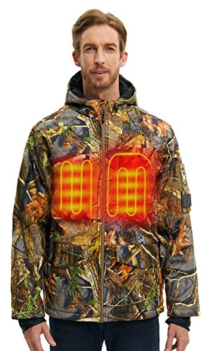 CONQUECO Kamouflagejacka för män, vattentät jakt, huvtröja, jacka med batteripaket, Camouflage, XL