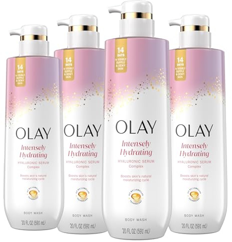 Olay Body Wash for Women, Intensely Hydrating, Hyaluronic Acid Serum Complex, Renews Moisture, Free of Parabens & Phthalates, Vitamin B3 Lameller Technology, For All Skin Types, 20 fl oz (Pack of 4)
