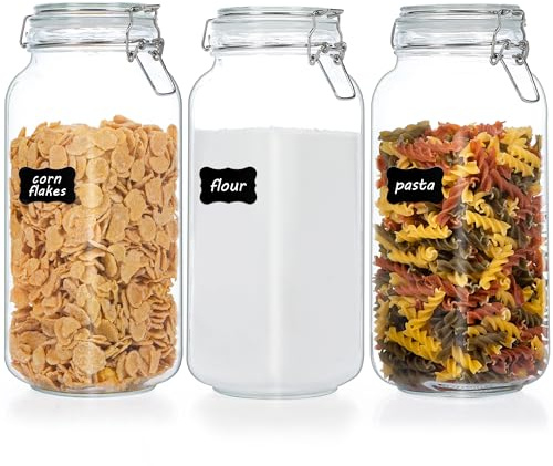 Vtopmart 78oz Glass Food Storage Jars with Airtight Clamp Lids, 3 Pack Large Kitchen Canisters for Flour, Cereal, Coffee, Pasta and Canning, Square Mason Jar with 8 Chalkboard Labels