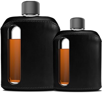 Ragproper Flachmann-Set aus Leder für Damen und Herren, langlebige Whiskey- und Likörflaschen, Einzelschuss 100 ml + Doppelschuss 240 ml, Premium-Echtlederbezug, Schwarz