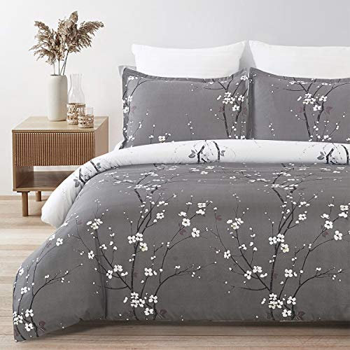 YEPINS Soft Quilt Duvet Cover Set with Zipper Closure and Corner Ties, Tree Branch Printed Pattern, Grey and White Colour, Reversible Design- Brushed Microfiber Super King Size(260X220CM)