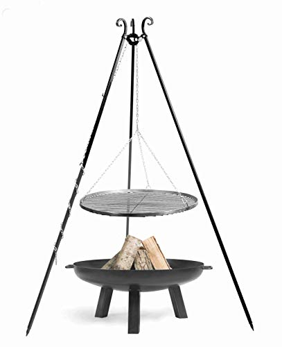 JS Garten Deko Set: Dreibein H 180 cm mit Grillrost Ø 60 cm aus Rohstahl + Feuerschale Polo Ø 70 cm Grillen Grillanlage CookKing