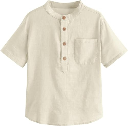 Haloumoning Henley Chemise Garçon Lin Manches Courtes Été Couleur Unie Regular Fit Casual Loisirs Chemise De Fête Enfants (3-14 Ans)