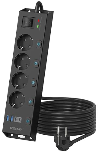 Multiprise 4 Prises avec USB C, Multiple Prise 4 USB avec 5 Interrupteurs Individuelles, Multiprise Electrique Parafoudre 1050J, Cordon 2M