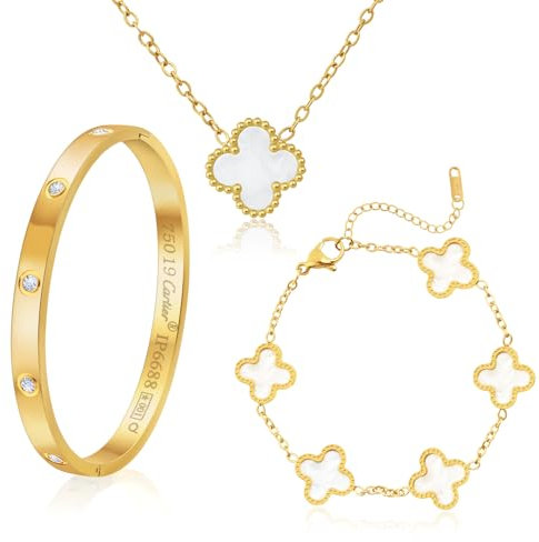 18K Vergoldet Vierblättriges Kleeblatt Armband, 18K Vergoldet Vierblättriges Kleeblatt Anhänger Halskette, Gold Armband Cubic Zirkonia Armreif, 3 PCS Schmuck Set für Geschenke Geburtstags (Gold)