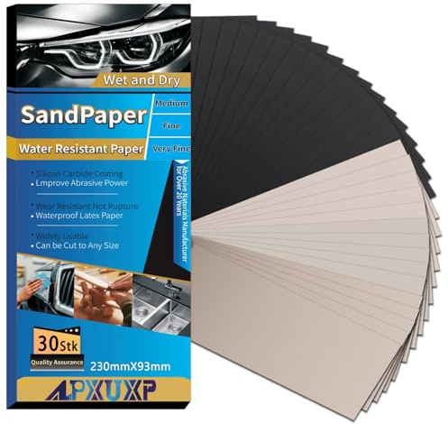 ALPXUXP Juego de 30 papel de lija profesional para agua húmeda y seca, 1000/1500/2000/3000/5000/10000, grano para coche, metal, muebles de madera, piedra, barniz, cristal, 23 x 9 cm