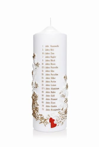 INNA-GLAS Hochzeitskerze BRONSON, weiß-gold, 24cm, Ø7,8cm - Made in Germany | verziert - Stumpenkerze